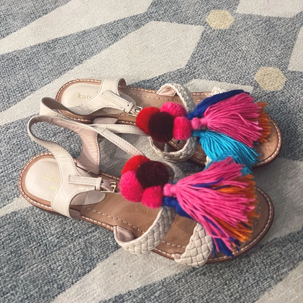 Kate Spade Sunset Woven Nappa Tassels Flat Sandals 6.5